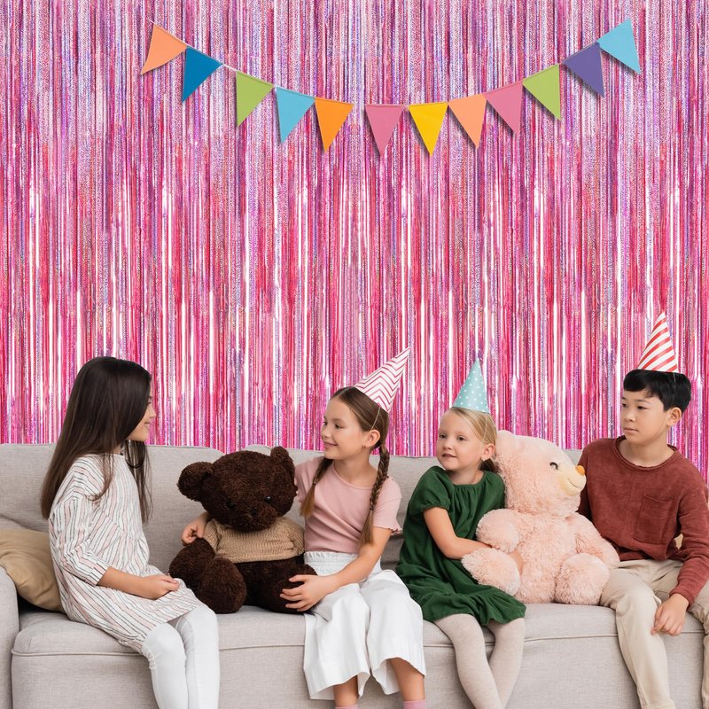 2 Pack Glitter Pink Backdrop, 3.28 FT x 7.05 FT Birthday Party Decorations, Laser Pink Fringe Curtains Foil Streamer Tinsel, Pink Curtains Photo Backdrop Happy Birthday Valentines Day Backdrop
