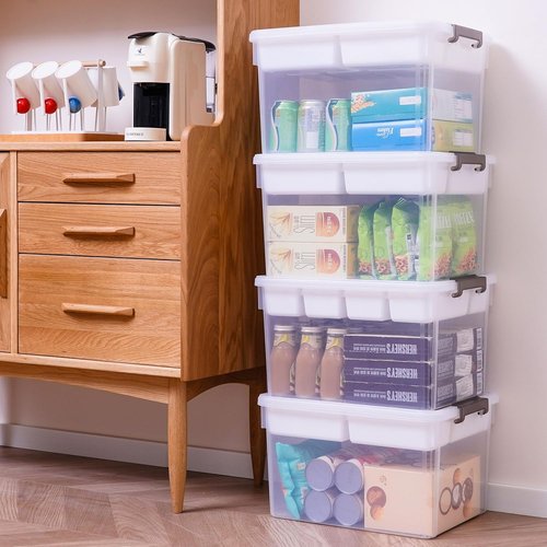 Citylife 32 QT Plastic Storage Bins - Large Stackable Containers with Removable Tray | Organize Crafts, Clothes & Office Supplies (4 Pack)