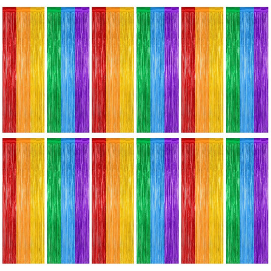 12 Pack Rainbow Backdrop, 3.28 FT x 7.05 FT Pride Decorations, Metallic Fringe Curtains Party Streamer Tinsel Backdrop, Rainbow Foil Curtains Birthday Party Decor Photo Booth Props