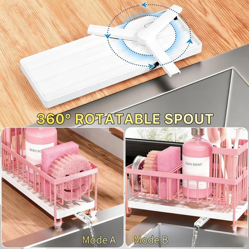 Cisily Sponge Holder for Kitchen Sink, Sink Caddy Organizer with High Brush Holder, Kitchen Countertop Organizers and Storage Essentials, Rustproof 304 Stainless Steel (Pink, 9.25″)