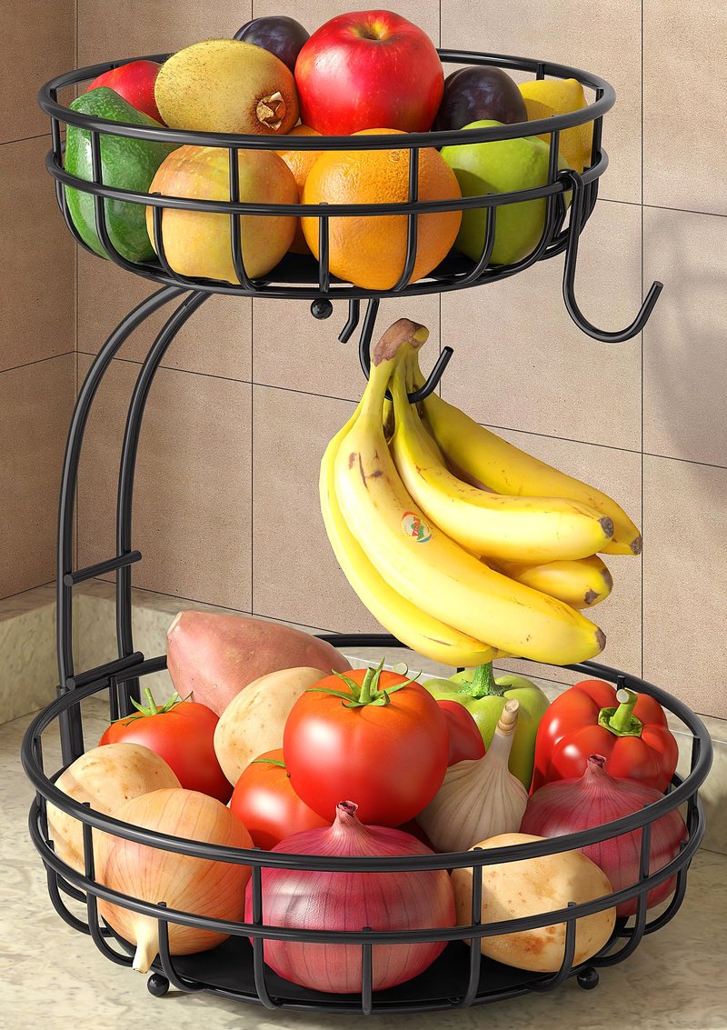 Sevenblue 2 Tier Large Fruit Basket for Kitchen Counter with Removable Banana Hanger - Sturdy Iron Fruit Bowl for Kitchen Counter and Vegetable Holder, Fruit Holder for Kitchen Countertop, Black