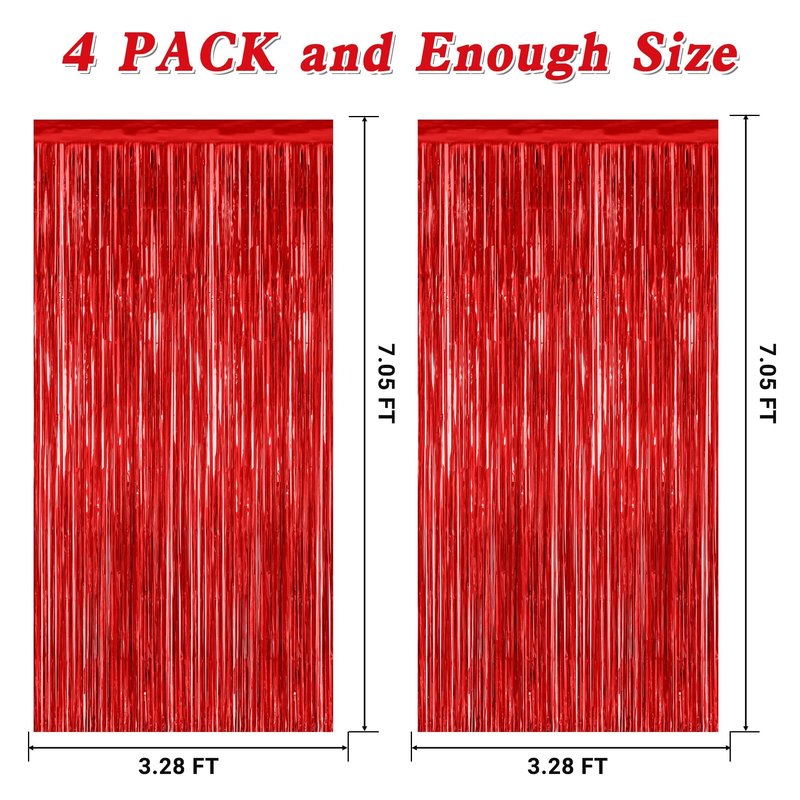 4 Pack Red Backdrop, 3.28 FT x 7.05 FT Party Streamer, Valentines Day Metallic Birthday Tinsel Backdrop Foil Fringe Curtains, Door Streamer for Red Party Decorations Casino Decor Photo Booth Props