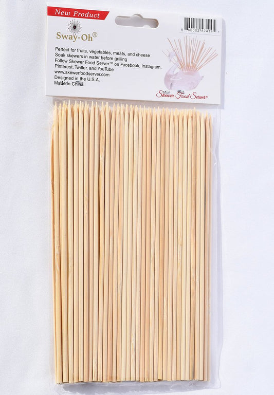 Sway-Oh 6" Natural Bamboo Skewers, 100 Count - Ø=2mm. Natural Bamboo. Strong, durable, bamboo skewers to display bite-sized fruits, vegetables, meats, cheese, desserts, and other appetizers.
