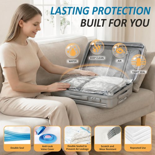 Cozy Essential Vacuum Storage Bags, 80% Compression Vacuum Seal Space Saver Plastic Packaging Bags for Clothes, Blankets, Pillow, Bedding, Comforters, Sealer Clothing Storage,10 Combo