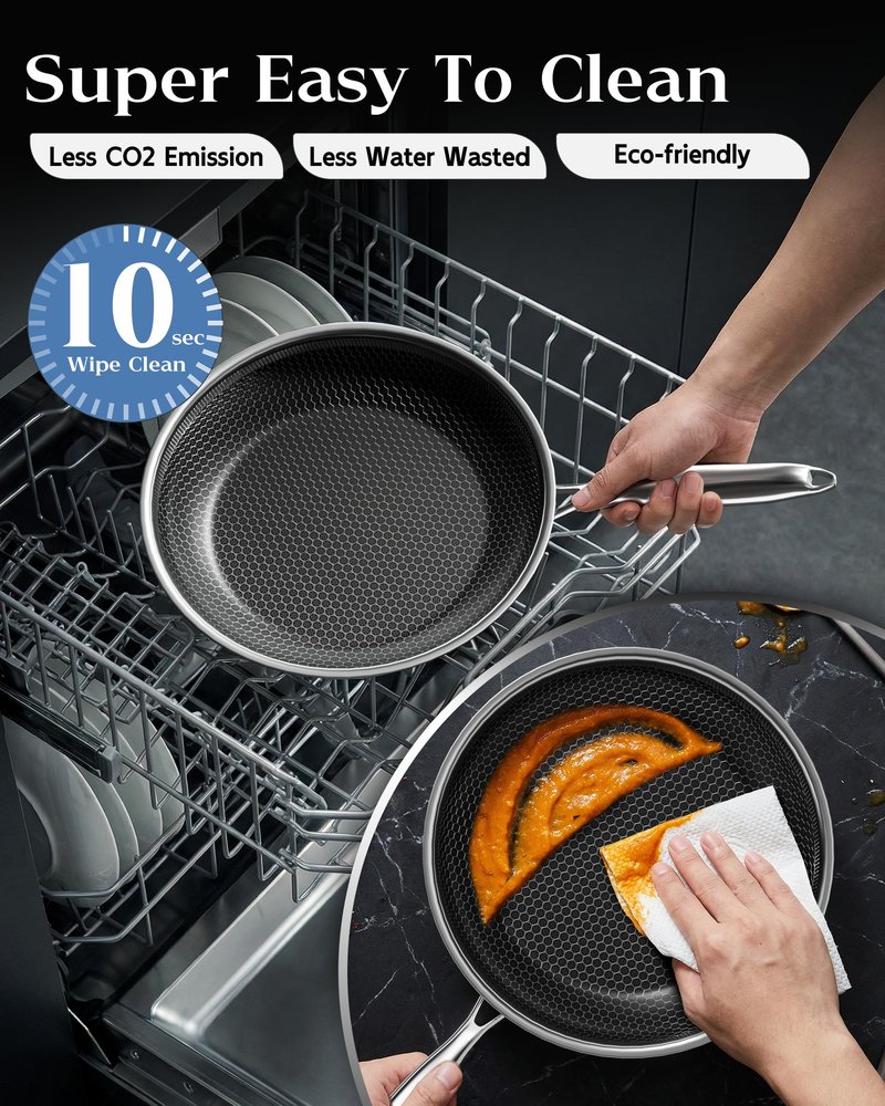 XBM Nonstick Frying Pan with Lid 10-Inch, Durable Stainless Steel Skillet, Induction Cooktop Compatible, PFOA-Free Scratch-Proof, Dishwasher & Oven Safe, Stay-Cool Handle, Silver Kitchen Cookware