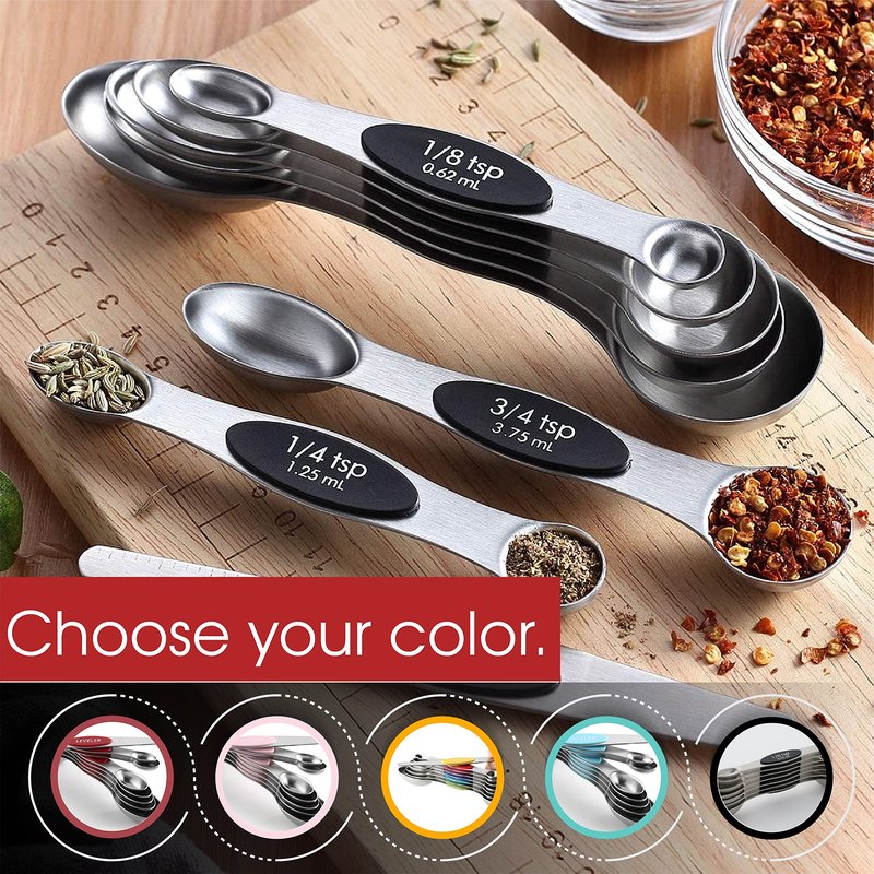 Spring Chef Magnetic Measuring Spoons Set, Dual Sided, Stainless Steel, Fits in Spice Jars, Teal, Set of 8, 2 Pack