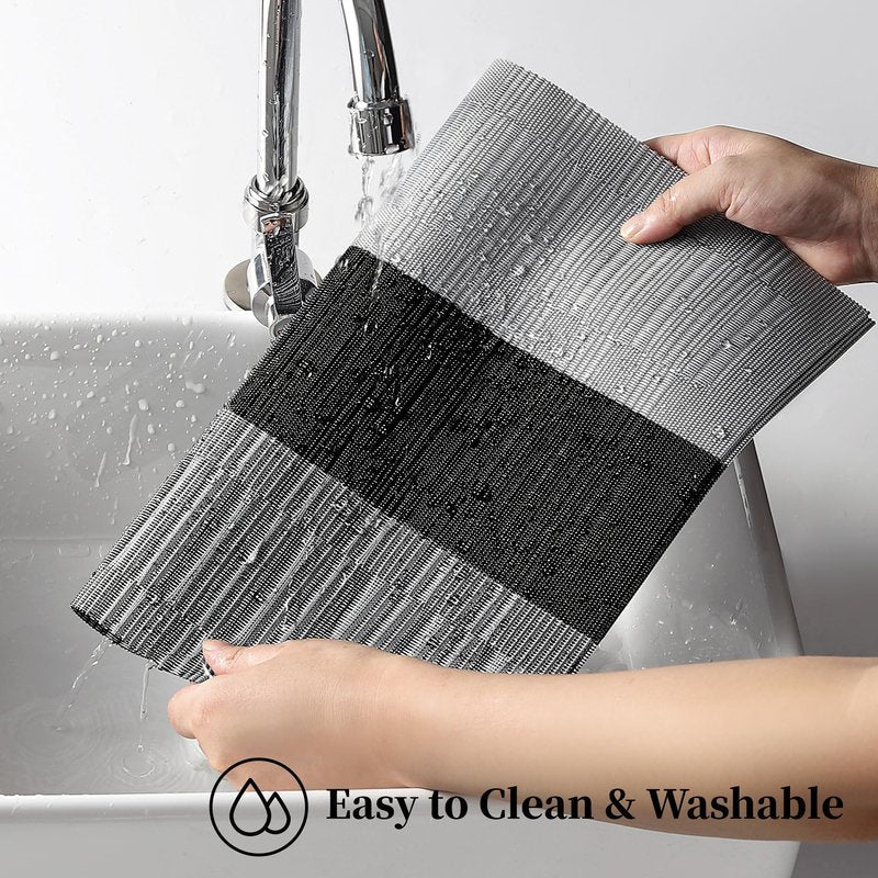 Leetaltree Grey with White Striped Placemats Set of 8 - Heat Resistant Non-Slip Place mats for Dining Table, Washable Durable PVC Vinyl Woven Table Mats（Grey Stripe, 8）
