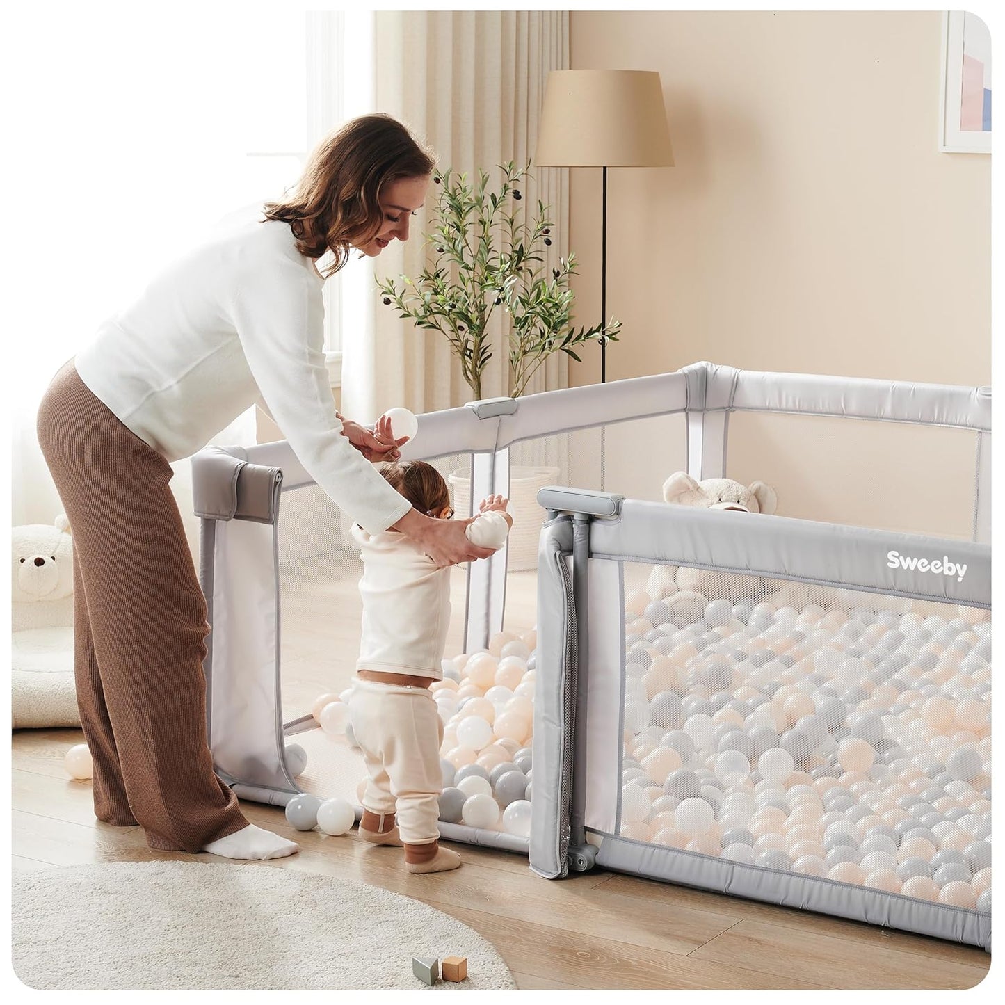 Sweeby Baby Playpen - Extra Large 59x59 Inch Foldable Play Yard with Door for Indoor/Outdoor Use - Gray