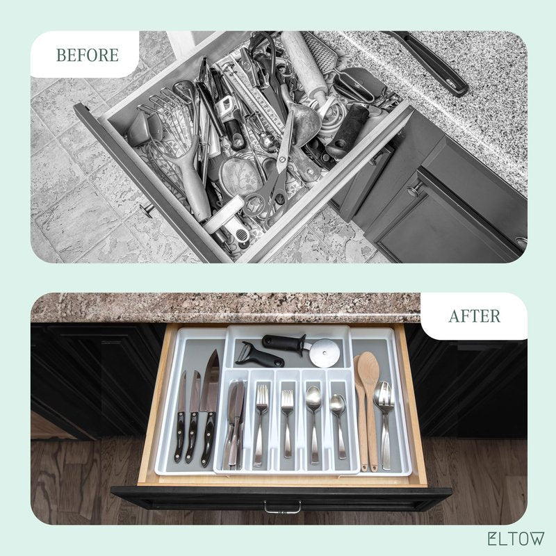 ELTOW Large Expandable Silverware Drawer Organizer, 8 Compartment Non-Slip & Adjustable Silverware Organizer for Drawer, Kitchen Organization for Utensils, Cutlery, Silverware Tray (White)