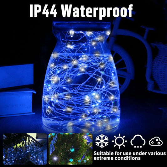 LAMPHOME 100 LED 33FT Blue and White Fairy Lights Battery Operated with Remote, Mini Starry String Lights Multi Functions & Timer,Twinkle for Christmas Home Bedroom Wedding DIY Centerpiece Decor