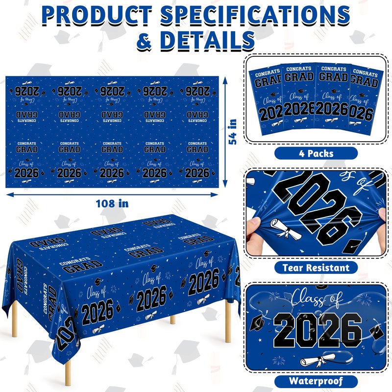 QZYL 4 Pack Graduation Tablecloth, 54" x 108" Blue Graduation Table Decorations 2026, Plastic Table Cloth for Class of 2026 Congrats Grad, Rectangle Disposable Grad Party Decorations Supplies Favors