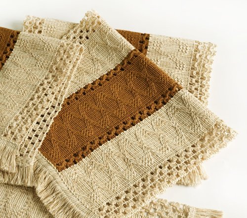 FEXIA Boho Placemats Set of 6, Macrame Table Decor and Farmhouse Style Placemats Natural Cotton Burlap, for Dining Table, Caramel