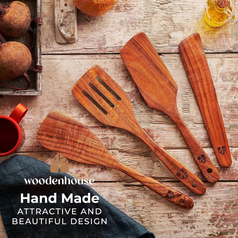 Wooden Spatula for Cooking - Natural Teak Wood Spatula for Non Stick Frying Pan - Wooden Cooking Utensils Set of 4 Including Paddle, Turner, Slotted Spurtle and Wood Scraper - Long Ergonomic Handles