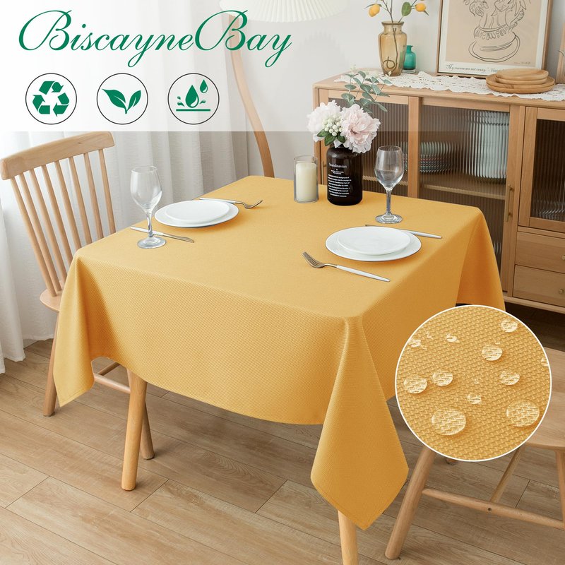 Biscaynebay Fall Tablecloth Textured Fabric Square Tablecloths 70x70'', Fall Gold Thanksgiving Autumn Harvest Water Resistant Fabric Tablecloths for Kitchen, Dining, Wedding, Parties Machine Washable