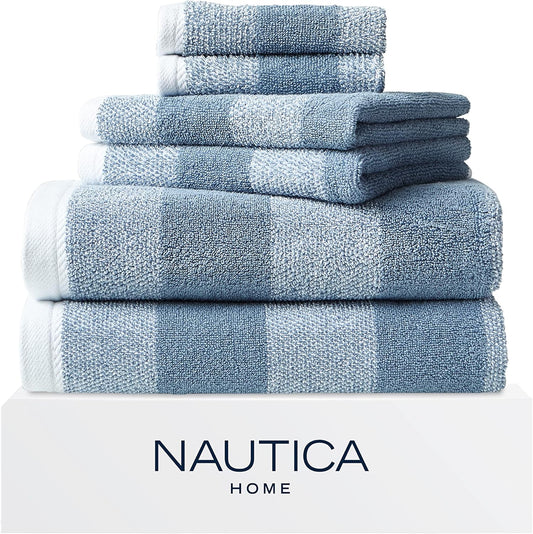 Nautica Bath Towel Set - Plush Cotton, Quick-Dry & Absorbent | Striped Americana Decor, Set of 6 in Oak Lake Blue