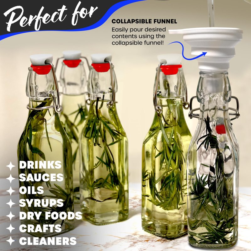 Nevlers 8.5 Oz Square Swing Top Glass Bottles with Stoppers | Flip Top Glass Bottle with Lid 6 Pack | Liquor Bottle Set w/Funnel, Brush & Marker | Water, Dressing & Homemade Vanilla Extract Bottles
