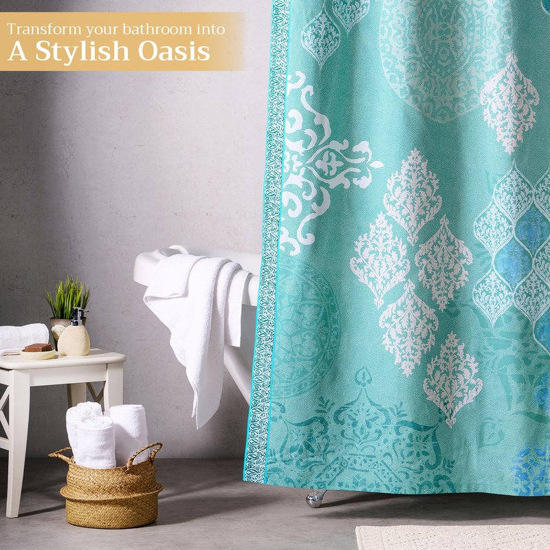 Maison d' Hermine Shower Curtain 100% Cotton One Panel 70"x72" Washable Fabric Shower Curtains for Bathroom, Easy Hanging with 12 Button Holes - Home Spa Gifts for Mothers Day (Versailles - Turquoise)