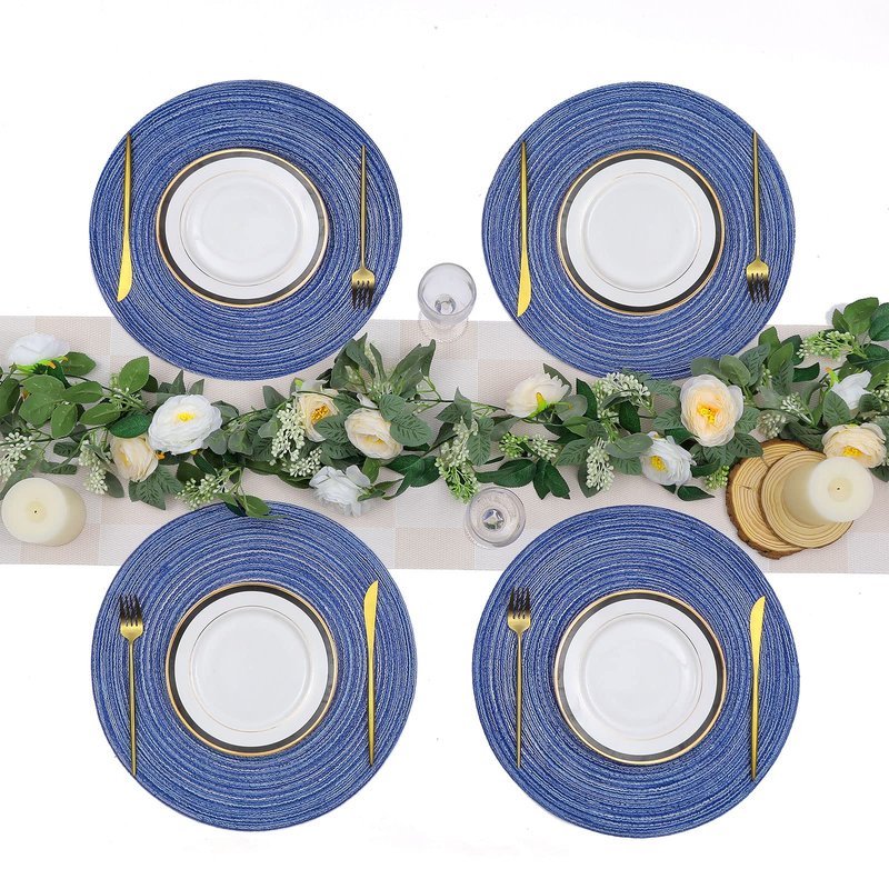 SHACOS Round Braided Placemats Set of 8 Round Table Mats for Dining Tables Washable Fabric Kitchen Table Place Mats (Blue White, 8)