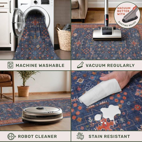 Hazo Haus Washable Navy Blue Area Rug - 7x10 Low Pile Non-Slip Stain Resistant Design for Living Room & Bedroom | Boho Home Decor