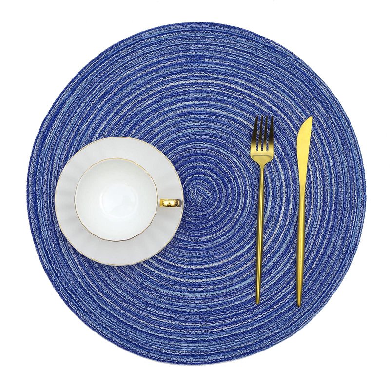 SHACOS Round Braided Placemats Set of 8 Round Table Mats for Dining Tables Washable Fabric Kitchen Table Place Mats (Blue White, 8)