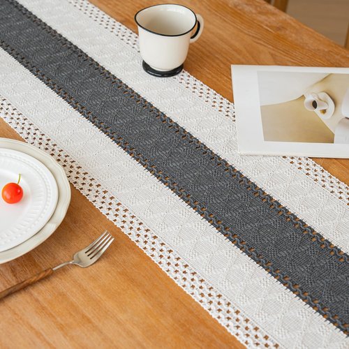 FEXIA Boho Table Runner for Home Decor with Tassels 60 Inches Long,Grey Farmhouse Rustic Table Runner Macrame Burlap Table Decoration for Living Room Bridal Shower(12x60 Inches)
