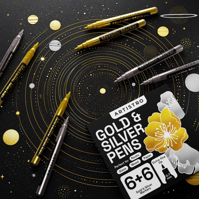 ARTISTRO 12 Oil-based Gold & Silver Paint Pens- 0.7mm Extra-Fine Markers for Tire, Wood, Rock, Fabric, Glass, Ceramic, Metal, Plastic, and More - Quick Dry, Waterproof