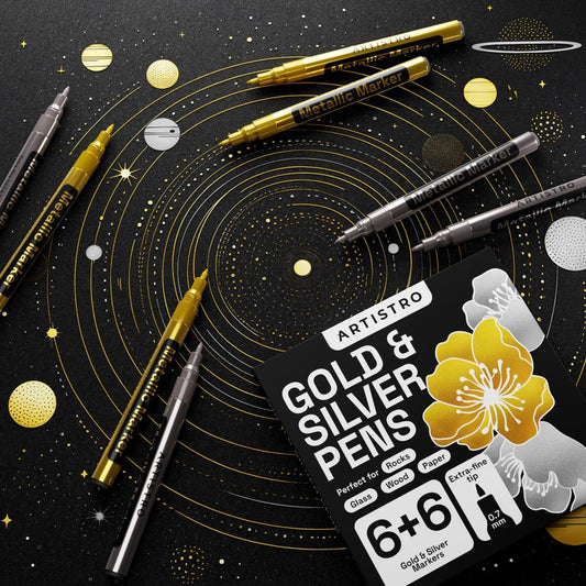 ARTISTRO 12 Oil-based Gold & Silver Paint Pens- 0.7mm Extra-Fine Markers for Tire, Wood, Rock, Fabric, Glass, Ceramic, Metal, Plastic, and More - Quick Dry, Waterproof