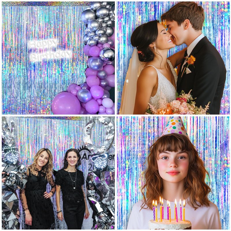 4 Packs Silver Foil Fringe Curtain, Silver Glitter Metallic Tinsel Backdrop for Birthday, Wedding, Baby Shower, Bachelorette, 70s 80s 90s Theme Disco Party, Iridescent Party Decorations Supplies