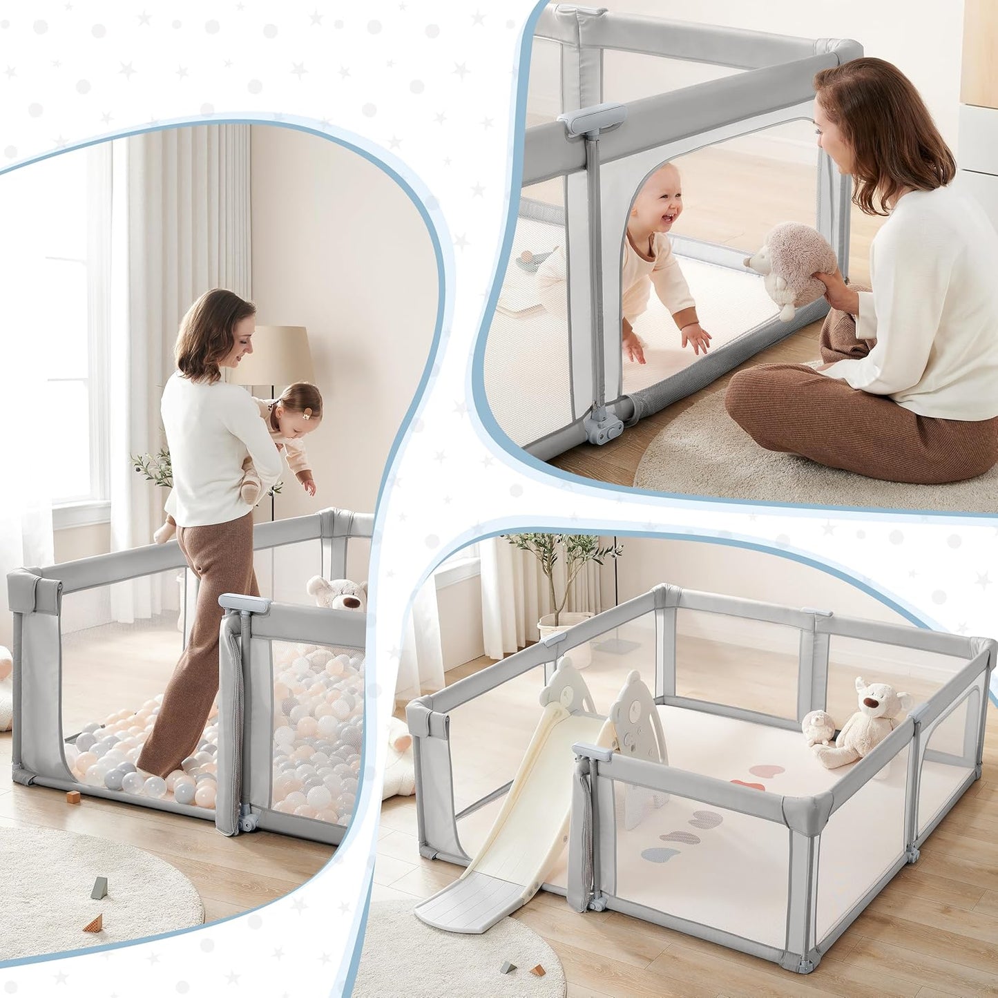 Sweeby Baby Playpen - Extra Large 59x59 Inch Foldable Play Yard with Door for Indoor/Outdoor Use - Gray
