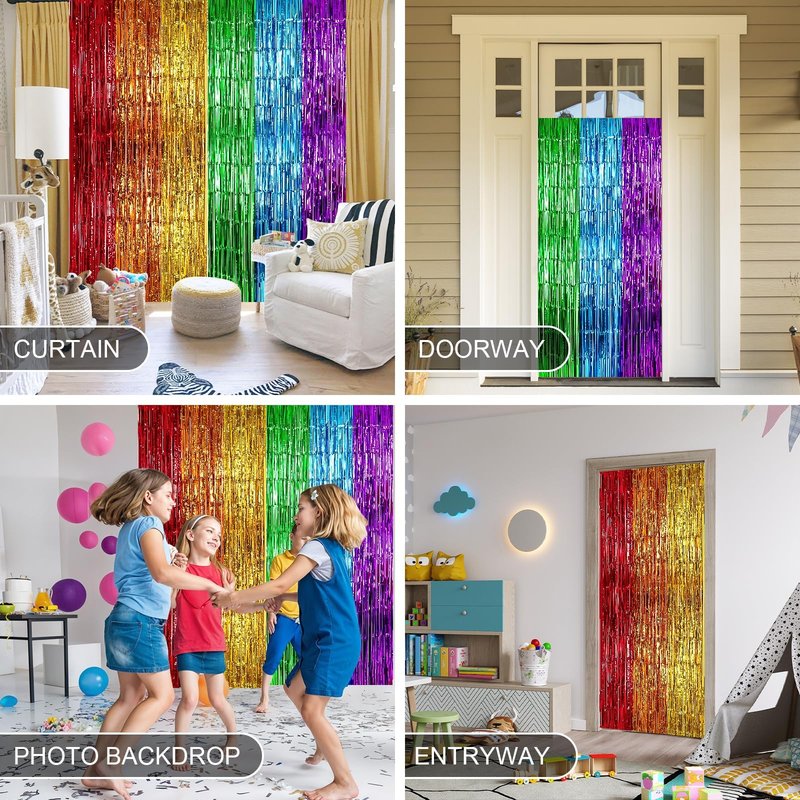Rainbow Foil Fringe Curtains, 2 Pack 3.3x6.6ft Rainbow Metallic Tinsel Metallic Streamers Holiday Photo Booth Props Backdrop for Rainbow Birthday Wedding Bridal Shower New Years Party Decorations