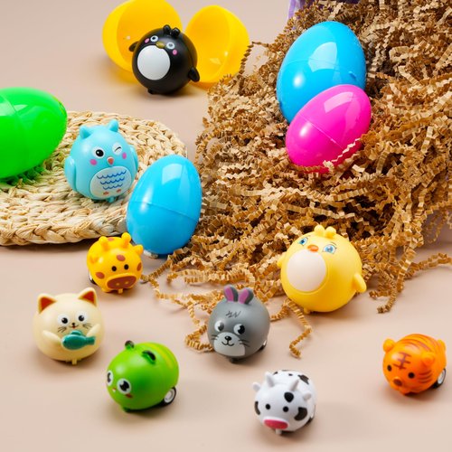 JOYIN 12 Pcs Prefilled Easter Eggs with Toys, Plastic Easter Eggs with Animal Cars for Kids Gift, Basket Stuffers, Classroom Prize Supplies, Party Favors
