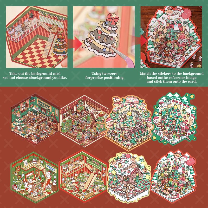 SZXYCZL Cute Miniature Scene 8Sets DIY 3D Stickers Scene Christmas House, Make You Own Mini House Sticker Therapy for Teen Adult Relief Pass The Time-Merry Christmas