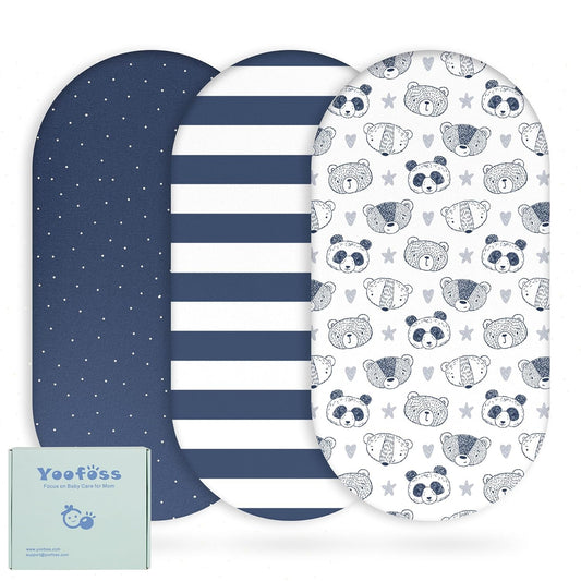 Yoofoss Bassinet Sheets - 3-Pack Fitted Set for Halo Bassinest & Baby Delight | Soft, Breathable Stripes & Panda
