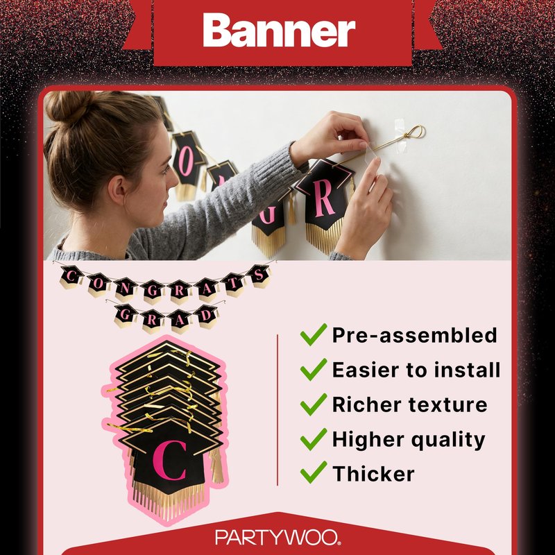 PartyWoo Graduation Decorations Class of 2026 Grad Party Supplies Set with Congrats Grad Red Black Pink Backdrop Banner Hanging Swirls Foil Latex Balloons Graduation Cap Centerpieces Party 40pcs