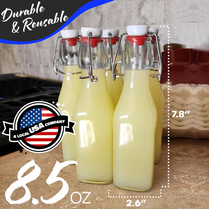 Nevlers 8.5 Oz Square Swing Top Glass Bottles with Stoppers | Flip Top Glass Bottle with Lid 6 Pack | Liquor Bottle Set w/Funnel, Brush & Marker | Water, Dressing & Homemade Vanilla Extract Bottles