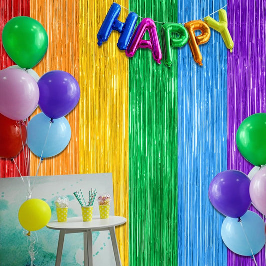 ZATAYE 4 Pack Pride Decorations, 3.28 FT x 7.05 FT Rainbow Backdrop, Metallic LGBT Party Decor Foil Tinsel Party Streamer Backdrop Curtains, Rainbow Curtains Birthday Photo Booth Props