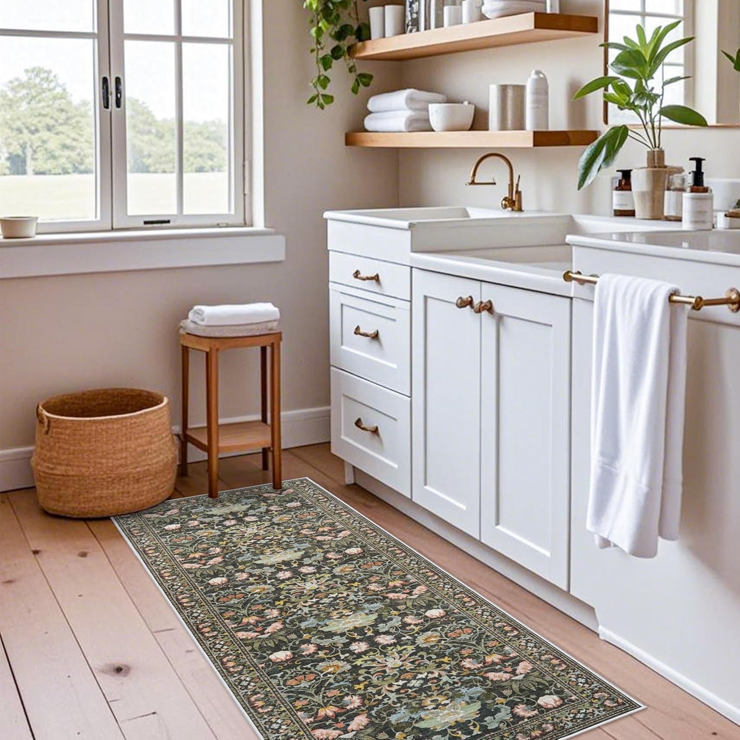 **Regine Switzerland Washable Runner Rug - Stain Resistant Floral Design | 2x5 Green for Entryway & Kitchen**