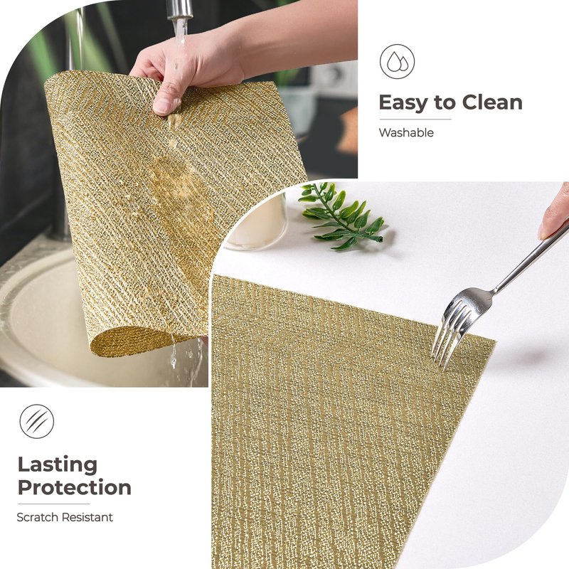 Leetaltree Gold Placemats Set of 24 - Heat Resistant Non-Slip Place mats for Dining Table, Washable Durable PVC Vinyl Woven Table Mats(Luxury Gold, 24)