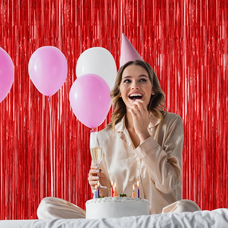 4 Pack Red Backdrop, 3.28 FT x 7.05 FT Party Streamer, Valentines Day Metallic Birthday Tinsel Backdrop Foil Fringe Curtains, Door Streamer for Red Party Decorations Casino Decor Photo Booth Props