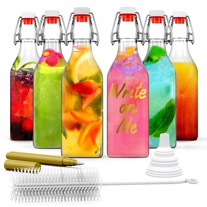 Nevlers 8.5 Oz Square Swing Top Glass Bottles with Stoppers | Flip Top Glass Bottle with Lid 6 Pack | Liquor Bottle Set w/Funnel, Brush & Marker | Water, Dressing & Homemade Vanilla Extract Bottles