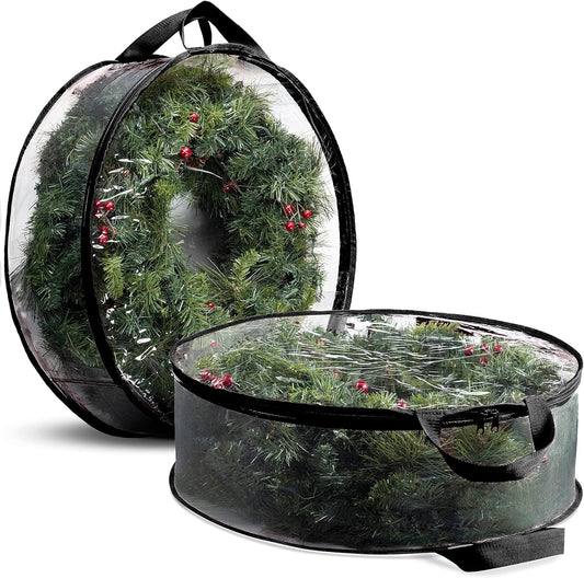 ZOBER Christmas Wreath Storage Container - 30 Inch Dual Zippered Bag with Reinforced Handles - Black | 2 Pack