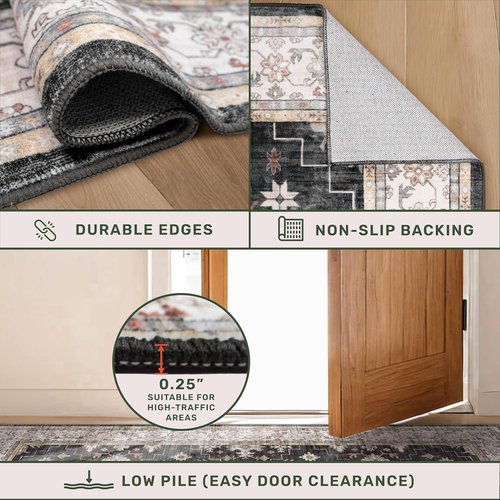 Boho Black Washable 2x10 Hallway Runner Rug - Non-Slip Vintage Floral Carpet for Kitchen & Entryway