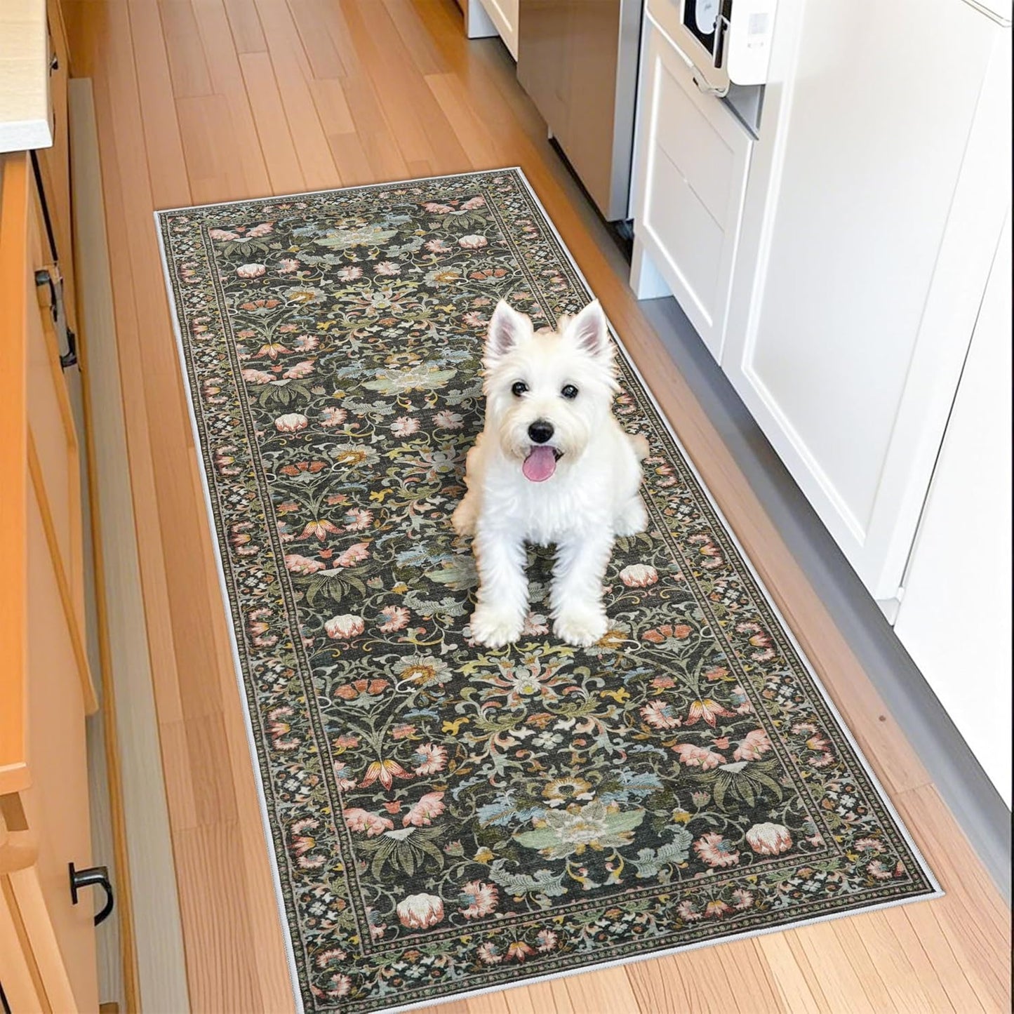 **Regine Switzerland Washable Runner Rug - Stain Resistant Floral Design | 2x5 Green for Entryway & Kitchen**