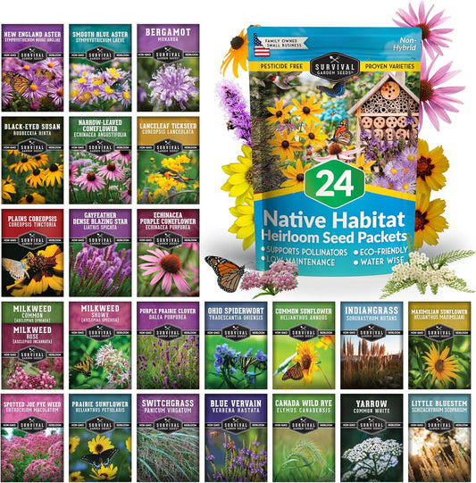Native Wildflower Seeds - 24 Variety Pack for Butterfly & Bee-Friendly Gardens | Non-GMO Heirloom