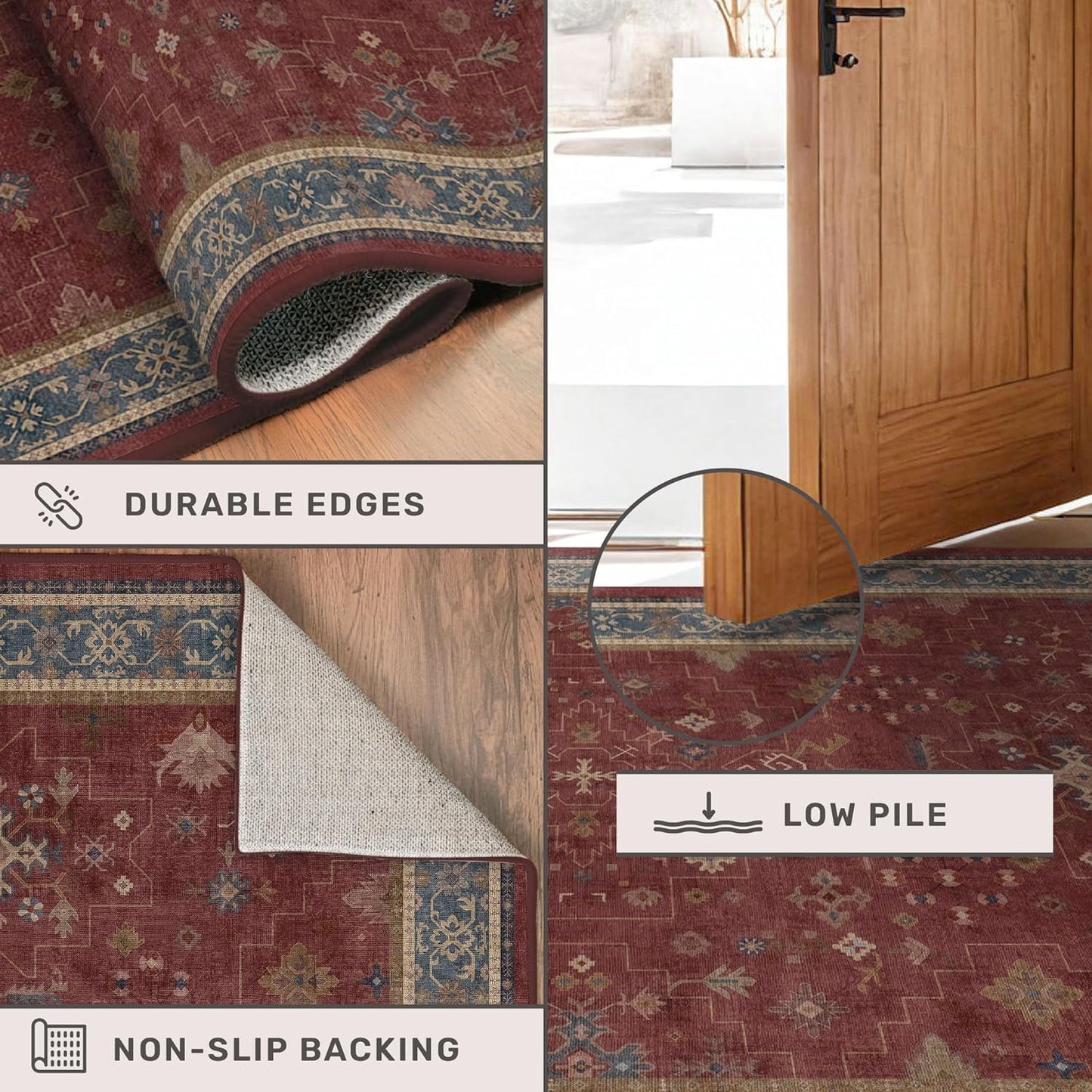 Turkish Kitchen Runner Rugs by [Brand Name] - Non-Skid & Washable | Dark Red, Ideal for Hallway & Bedroom