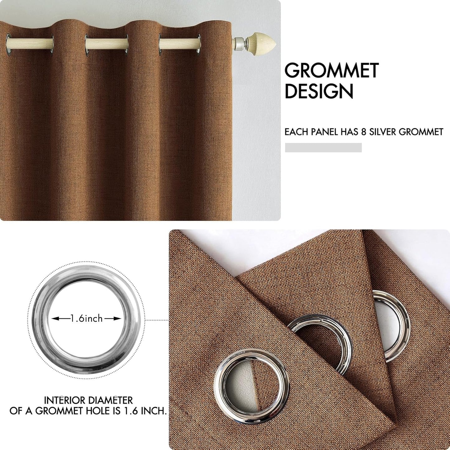 MIULEE Linen Curtains - 100% Blackout Thermal Insulated Drapes | Brown Grommet Room Darkening | 52 x 90 Inch (2 Panels)