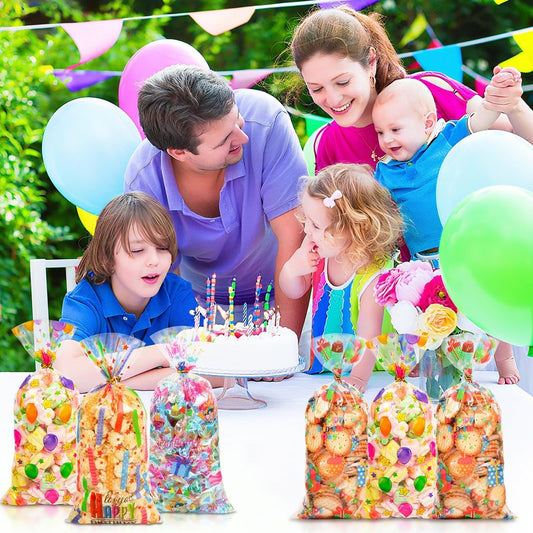 50PCS Birthday Clear Cellophane Treat Bags: Clear Goodie Bags with 60 Twist Ties for Kids Birthday Party Favors Wrapping, Packaging Candy Cookies Treat Classroom Return Gifts - 4 Colorful Designs