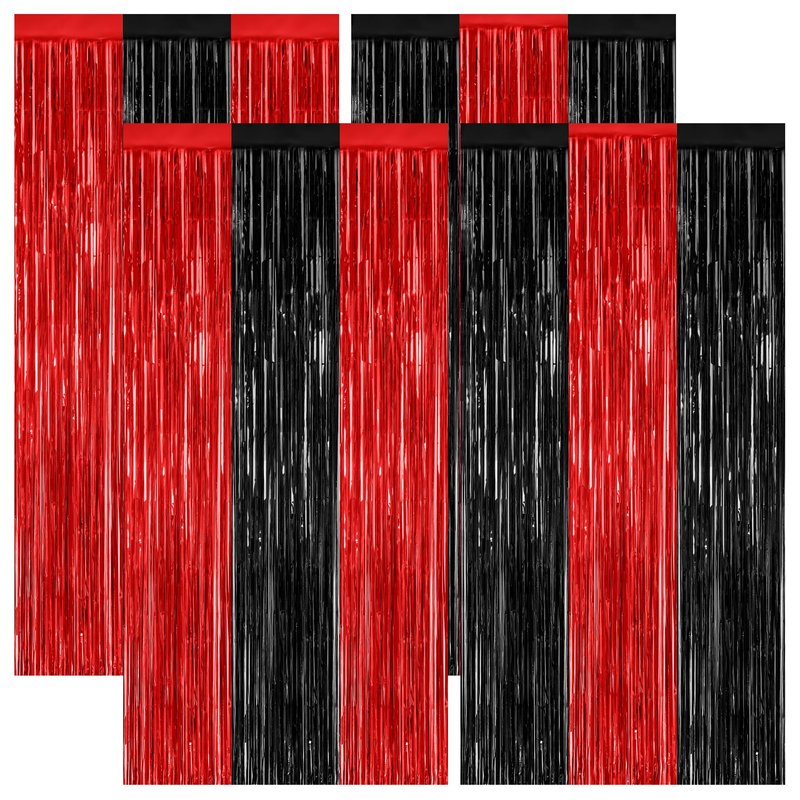 4 Pack Halloween Wall Backdrop, 3.28 FT x 7.05 FT Red and Black Party Streamer, Metallic Tinsel Curtains Fringe Backdrop Foil Streamer, Halloween Hanging Decor Casino Theme Party Decorations