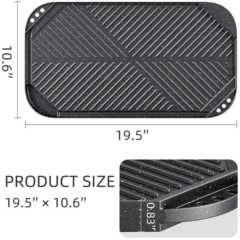 Caannasweis Nonstick Griddle Grill Pan, 19.5" x 11" Reversible Griddle Pan for Stove Top, Grill, or Campfire, Two Burner Cast Aluminum Grill, Rectangular Baking Flat and Ribbed Griddle Plate
