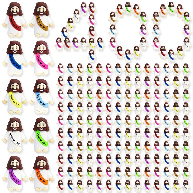 TFengfly 50 Pcs Little Jesus Figures Small Easter Jesus Loves You Toys 10 Colors Mini Rubber Jesus Miniatures to Hide and Seek Religious Gift Party Favors Easter Egg Stuffers Sunday School (50)